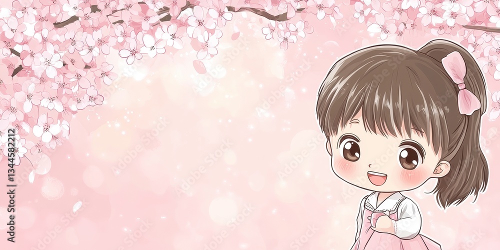 A cartoon girl smiles sweetly under blooming cherry blossom branches A cartoon girl smiles sweetly under blooming cherry blossom branches
