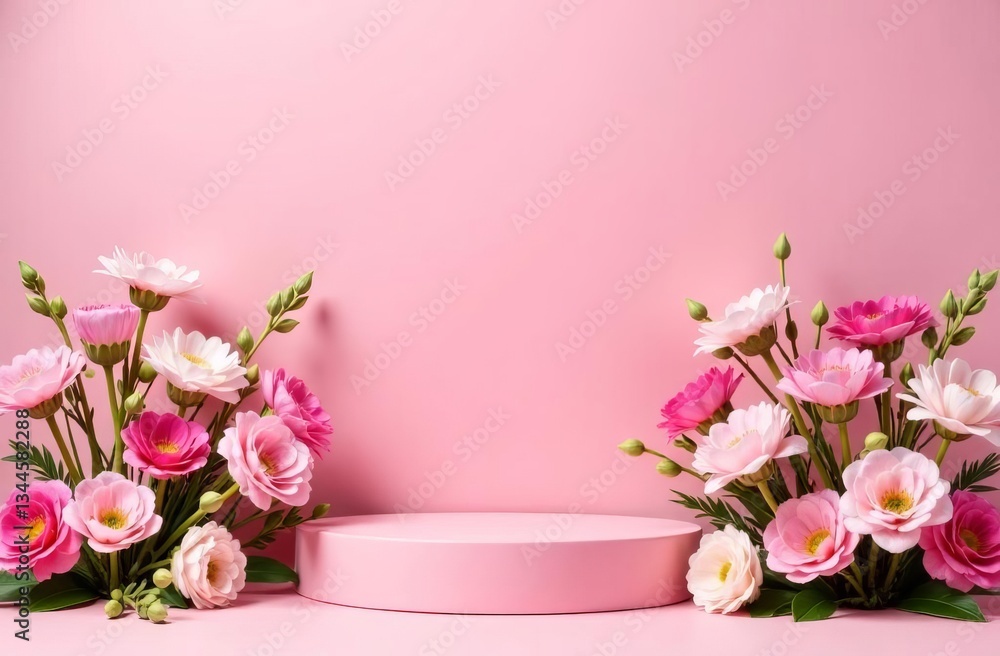 A stylish pink background with a minimalist podium surrounded by delicate flowers. Perfect for product presentation, branding, cosmetics, luxury items, and marketing visuals. A stylish pink background with a minimalist podium surrounded by delicate flowers. Perfect for product presentation, branding, cosmetics, luxury items, and marketing visuals.