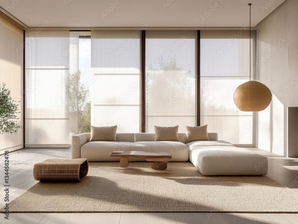 Fototapeta premium Adjustable sheer roller shades in a serene Zeninspired minimalist space