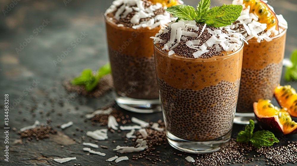 Refreshing layered desserts in clear glasses with toppings. Refreshing layered desserts in clear glasses with toppings.