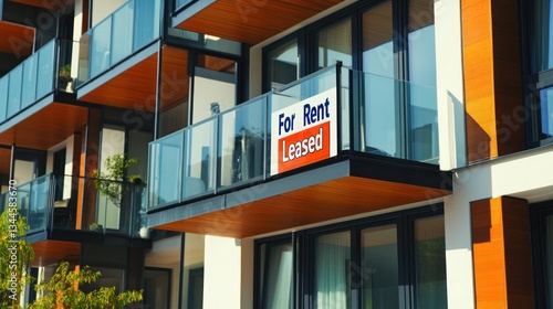 Modern apartments featuring for rent and leased signage on stylish balconies