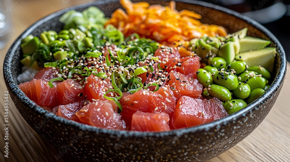 Bowl of fresh sushi with vibrant ingredients and toppings. Bowl of fresh sushi with vibrant ingredients and toppings.