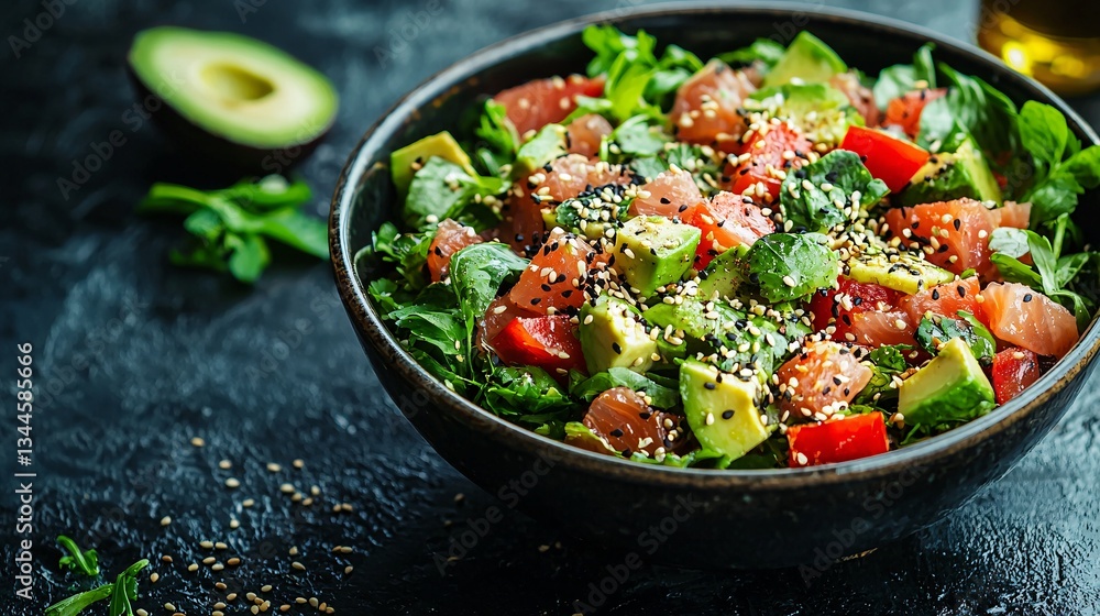 Fresh salad with avocado and sesame seeds in a dark bowl. Fresh salad with avocado and sesame seeds in a dark bowl.