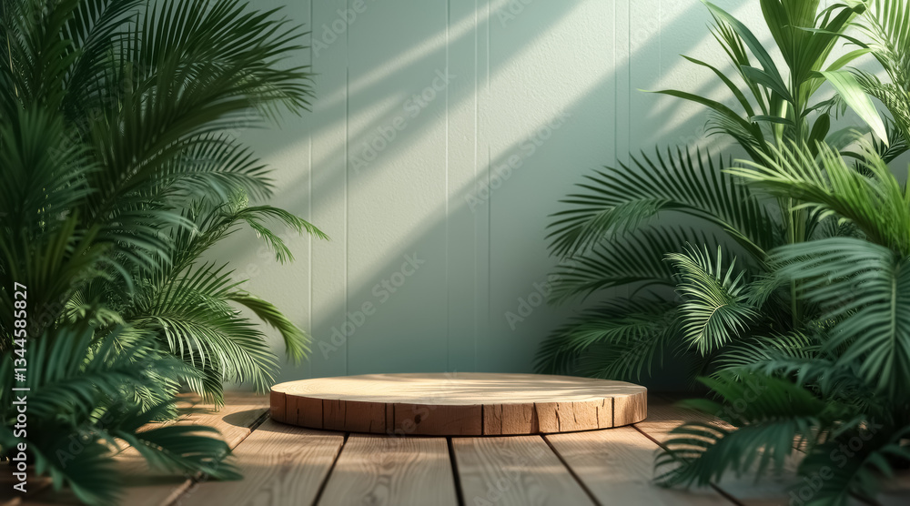 Fototapeta premium circular wooden platform surrounded by lush green palm fronds in soft sunlight