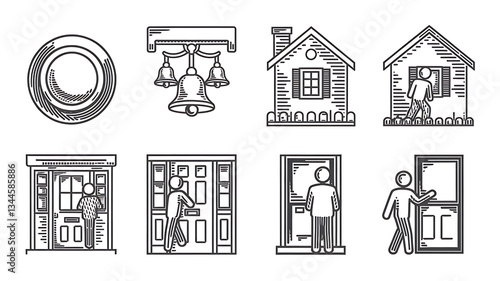 Vintage-style illustrations of doorbells houses and people interacting with doors