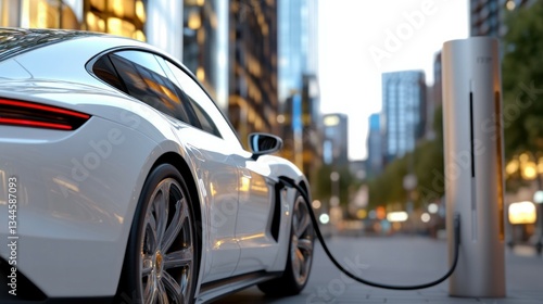 Sleek white electric car charging on city street at dusk.