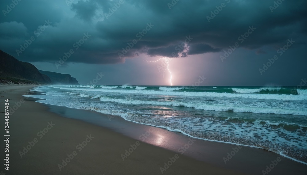 Obraz premium A deserted beach with rough waves and dark skies during a storm, reflecting lightning in the wet sand