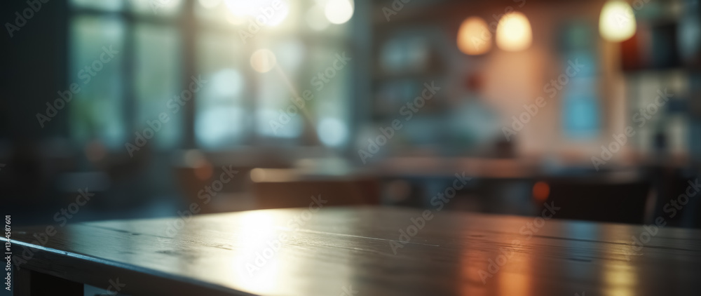 Fototapeta premium dark wooden table in a sunlit cafe setting