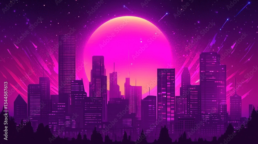 Neon City Silhouette With Large Orb And Falling Celestial Streaks Neon City Silhouette With Large Orb And Falling Celestial Streaks