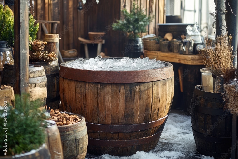 A rustic ice bath pod made from a wooden barrel