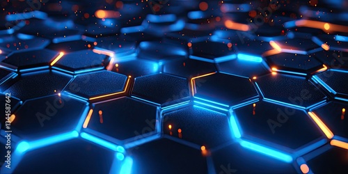 Hexagonal patterns of glowing blue and orange lights create a vibrant digital landscape