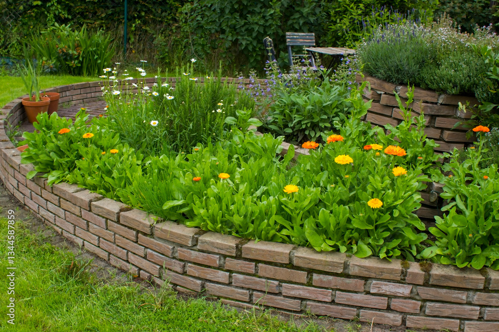 herb spiral in the garden with fresh herbs and flowers