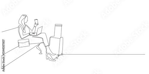 one continuous line drawing of woman on the way waiting for plane in lobby. one line drawing of woman using laptop in airport waiting room.single line vector illustration.