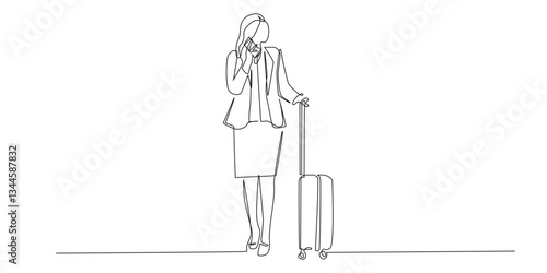 one continuous line drawing of woman on business trip.one line drawing of woman at airport using phone and suitcase.single line vector illustration.