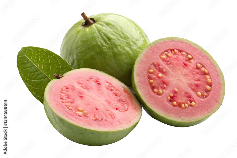 An artistic composition featuring a whole guava fruit, vibrant green with a smooth An artistic composition featuring a whole guava fruit, vibrant green with a smooth