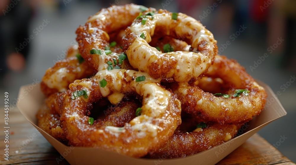 Crispy onion rings, stacked high in a paper container, drizzled with sauce and topped with fresh herbs Crispy onion rings, stacked high in a paper container, drizzled with sauce and topped with fresh herbs