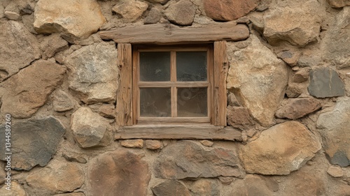 Rustic Wooden Window in Weathered Stone Wall