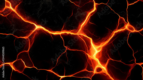 glowing red hot magma flows through the cracks of a dark, cooled surface