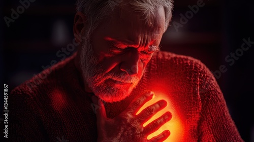High blood pressure risk concept. A somber elderly man clutches his chest, illuminated by a glowing red light that symbolizes deep emotion or pain.