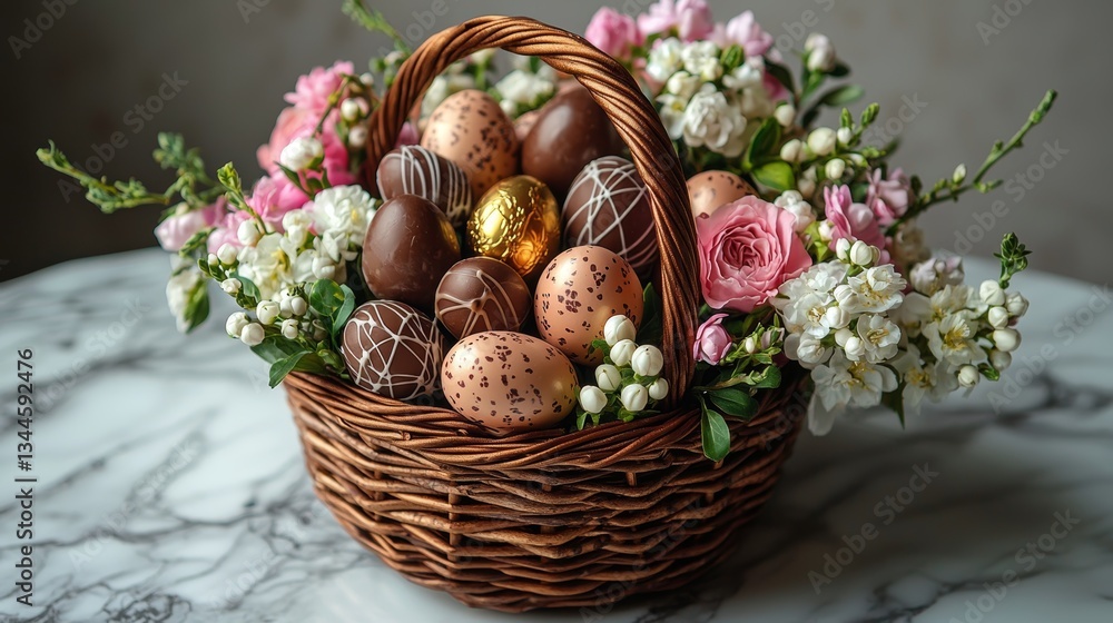 Luxurious Easter Basket with Gourmet Chocolates and Floral Arrangements, Perfect for Spring Holiday Celebrations Generative AI Luxurious Easter Basket with Gourmet Chocolates and Floral Arrangements, Perfect for Spring Holiday Celebrations Generative AI
