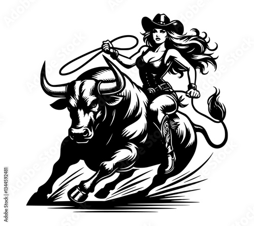 A vector silhouette of a cowgirl riding an angry bull, isolated on a white background.
