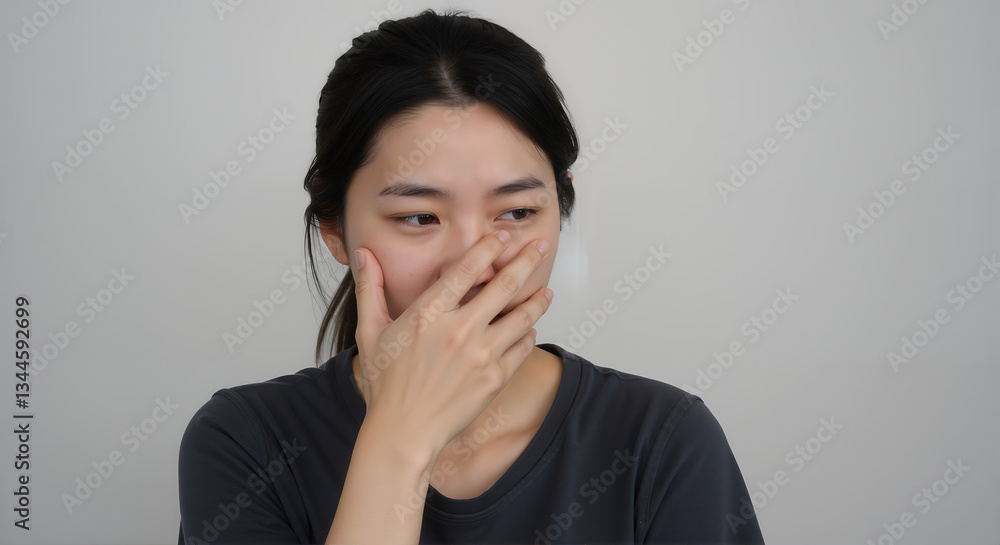A woman with blushing cheeks and hiding gesture reveals deep embarrassment after an awkward social moment. A woman with blushing cheeks and hiding gesture reveals deep embarrassment after an awkward social moment.
