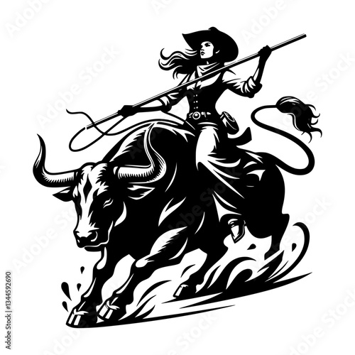 A vector silhouette of a cowgirl riding an angry bull, isolated on a white background.