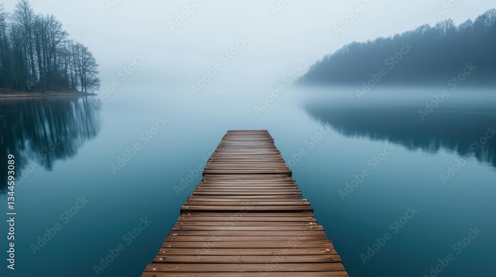 Fototapeta premium Halfcollapsed wooden pier extending into a foggy lake, haunting solitude