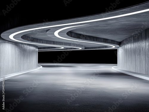 A spiraling underground parking lot, eerie artificial lighting and deep shadows