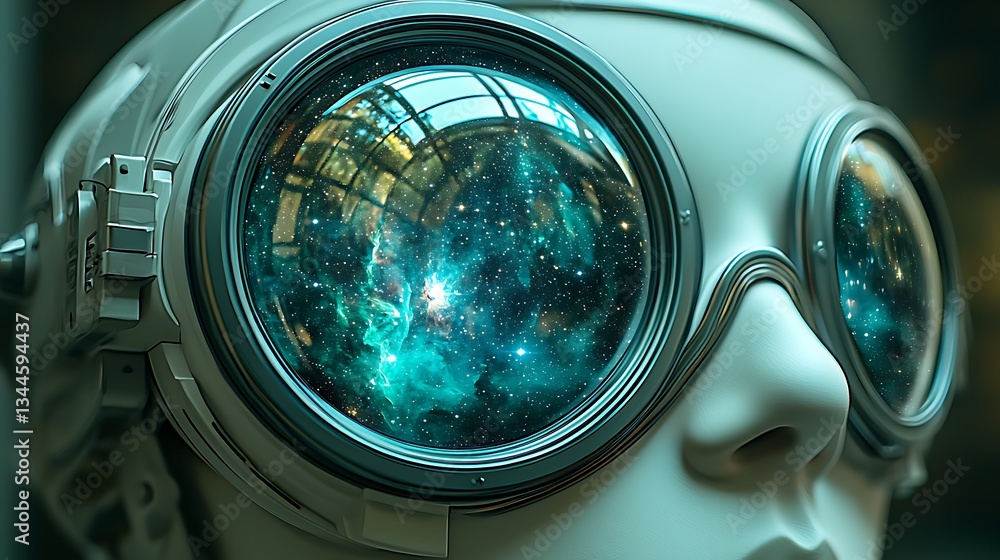 A futuristic face wears goggles reflecting a space nebula image A futuristic face wears goggles reflecting a space nebula image