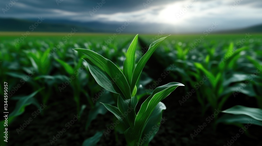 Lush green corn seedlings in a field. Emerging foliage against a dramatic sky Lush green corn seedlings in a field. Emerging foliage against a dramatic sky