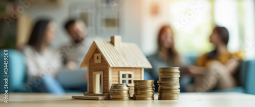 miniature wooden house model with stacks of gold coins representing homeownership and financial planning