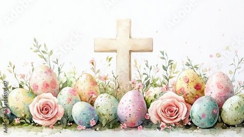 Watercolor Illustration of a Cream Cross with Roses and Glittery Easter Eggs on White Background for Easter celebrations