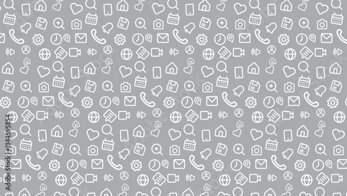 Seamless social media and communication icon pattern on a gray background.