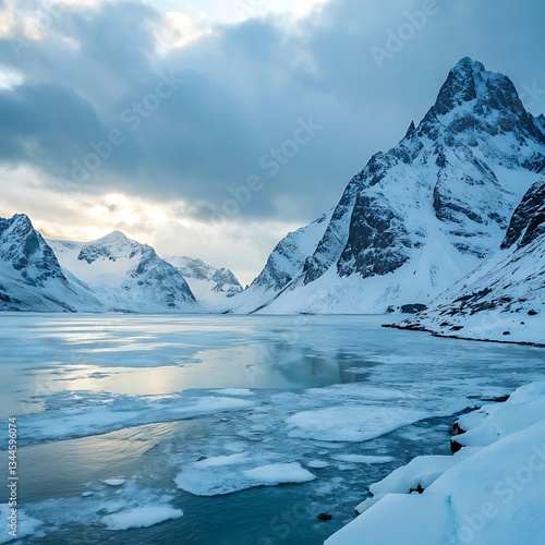 Wallpaper Mural Majestic Snowy Peaks Reflecting on Partially Frozen Waters Under a Cloudy Sky: A Captivating Winter Landscape. Torontodigital.ca
