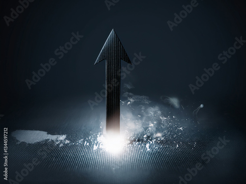 Black arrow pointing upwards, it conveys themes of growth, advancement, technology, and digital transformation or markets growth photo