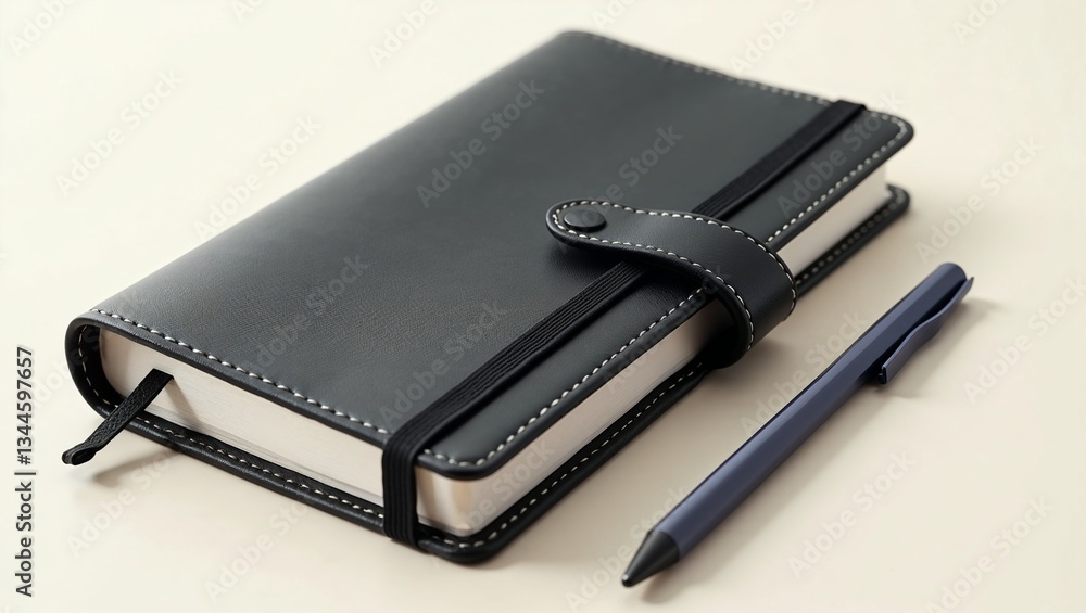 Elegant leather planner with a pen on a light background, copy space Elegant leather planner with a pen on a light background, copy space