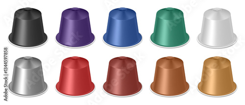 Set of multicolored coffee capsules. Realistic packaging mockup.