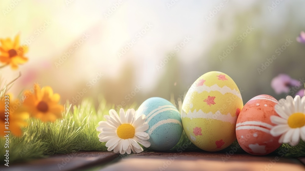 Vibrant Easter Eggs on Wooden Table with Colorful Flowers and Green Grass Vibrant Easter Eggs on Wooden Table with Colorful Flowers and Green Grass