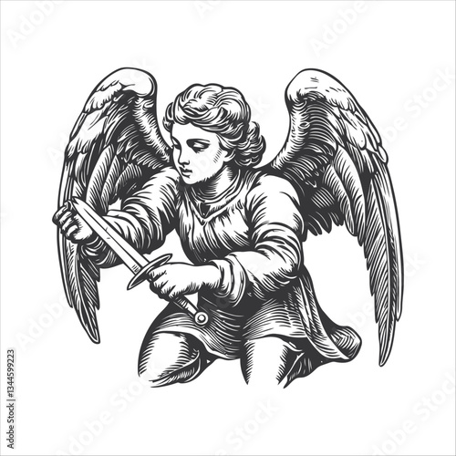 Detailed Vintage Illustration of Angel with Wings and Sword