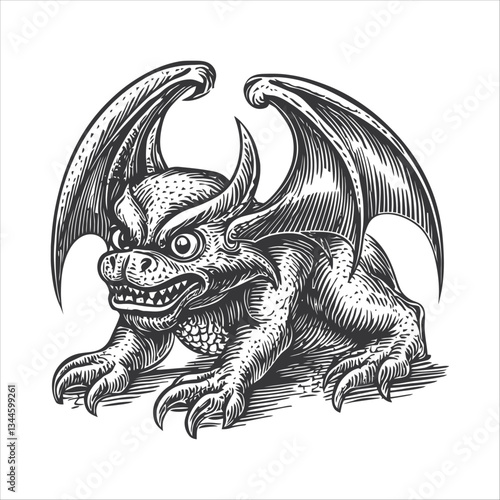 Intricate Sketch of a Mythical Dragon Creature with Wings
