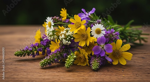 Colorful bouquet of wildflowers on wooden table