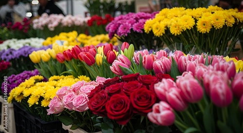 Colorful flower market display with roses and tulips