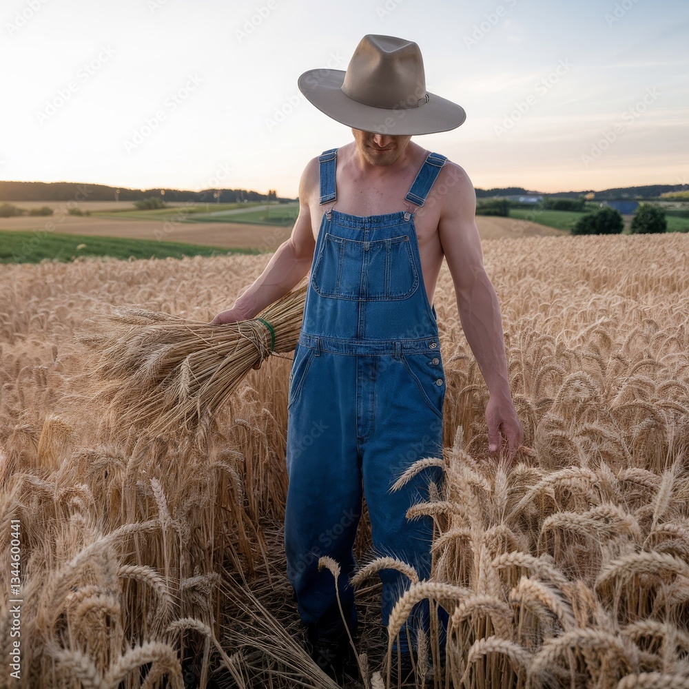 Obraz premium Hyper-realistic farmer in wheat field, seen from behind, warm sunset glow, storytelling rural landscape