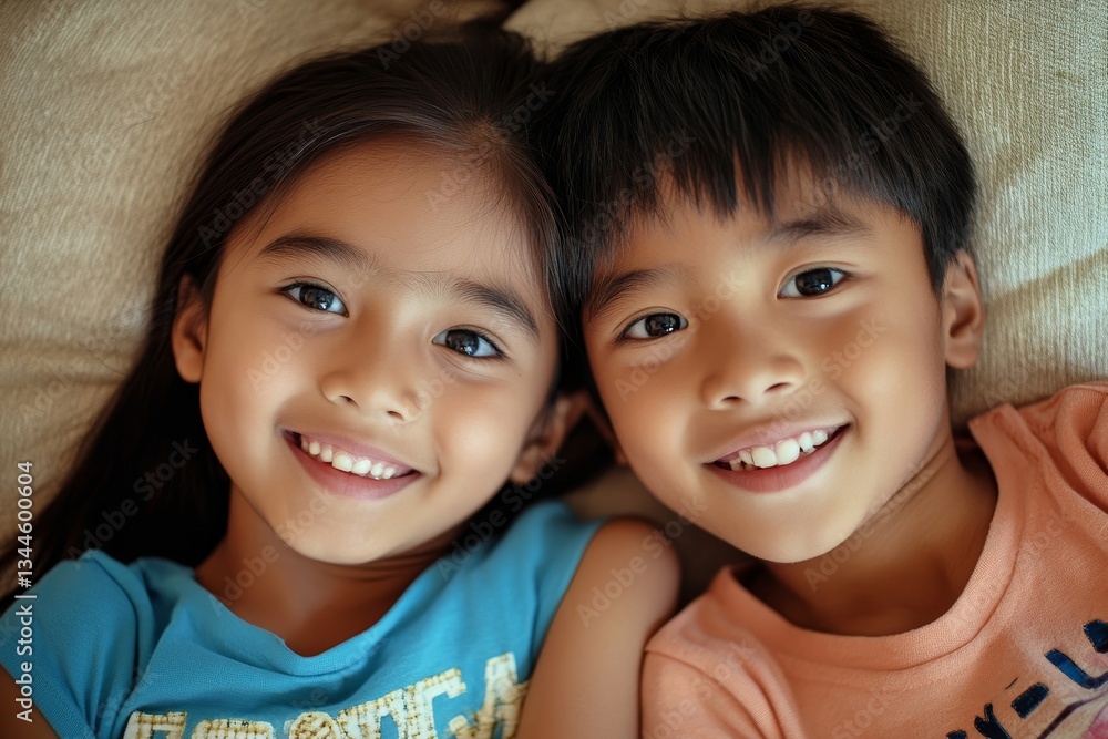 Family friends, smile and children portrait of siblings with happiness, bonding and love at home. Faces of happy kids together above view of brother and sister care and young friendship in Family friends, smile and children portrait of siblings with happiness, bonding and love at home. Faces of happy kids together above view of brother and sister care and young friendship in