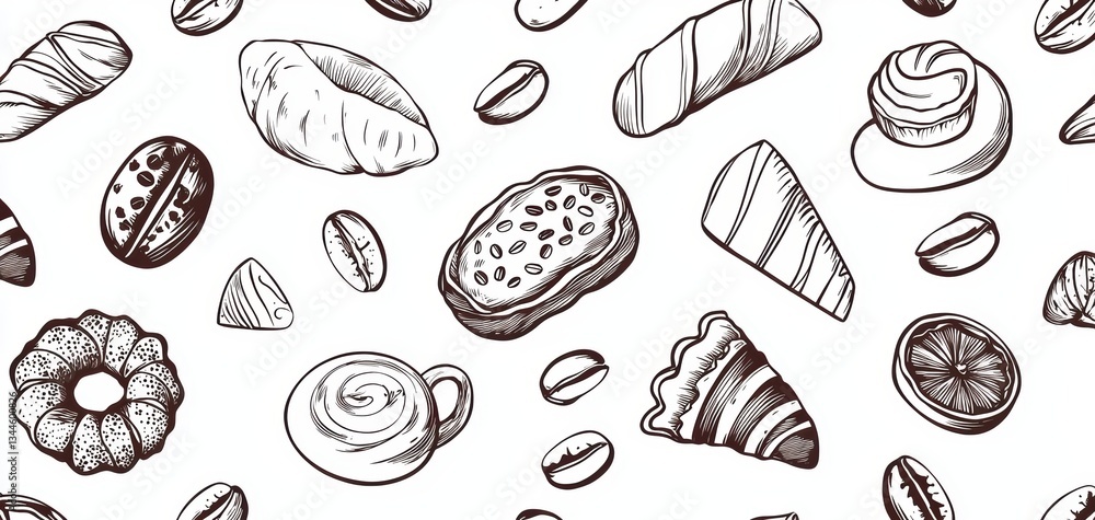 Seamless monochrome dessert pattern featuring detailed pastry line art, coffee beans, and elegant continuous ink strokes Seamless monochrome dessert pattern featuring detailed pastry line art, coffee beans, and elegant continuous ink strokes