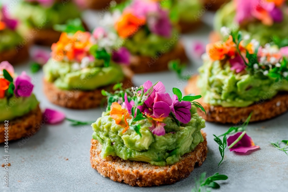 Beautifully arranged bite-sized appetizers feature creamy avocado spread topped with vibrant edible flowers, creating a delightful presentation for a spring gathering outdoors among greenery