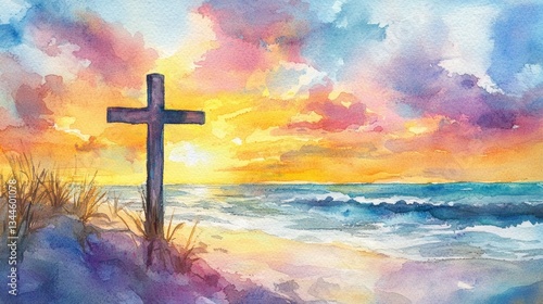 Easter Beach Scene with Cross Watercolor Illustration Sunset Colors