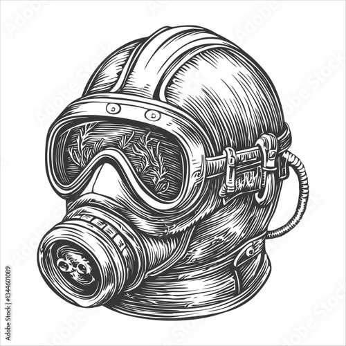 Vintage Style Gas Mask Illustration in Detailed Line Art Design