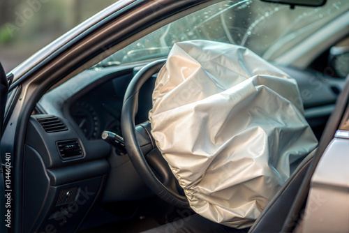 Car airbag deployed in vehicle interior during accident  